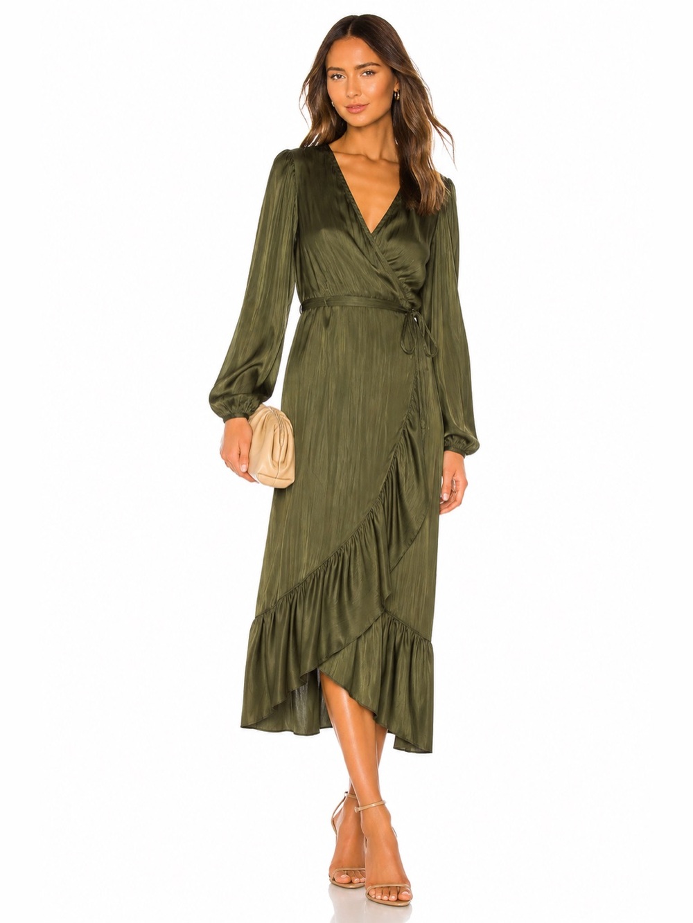Anthropologie Olive Green Satin Wrap Midi Dress